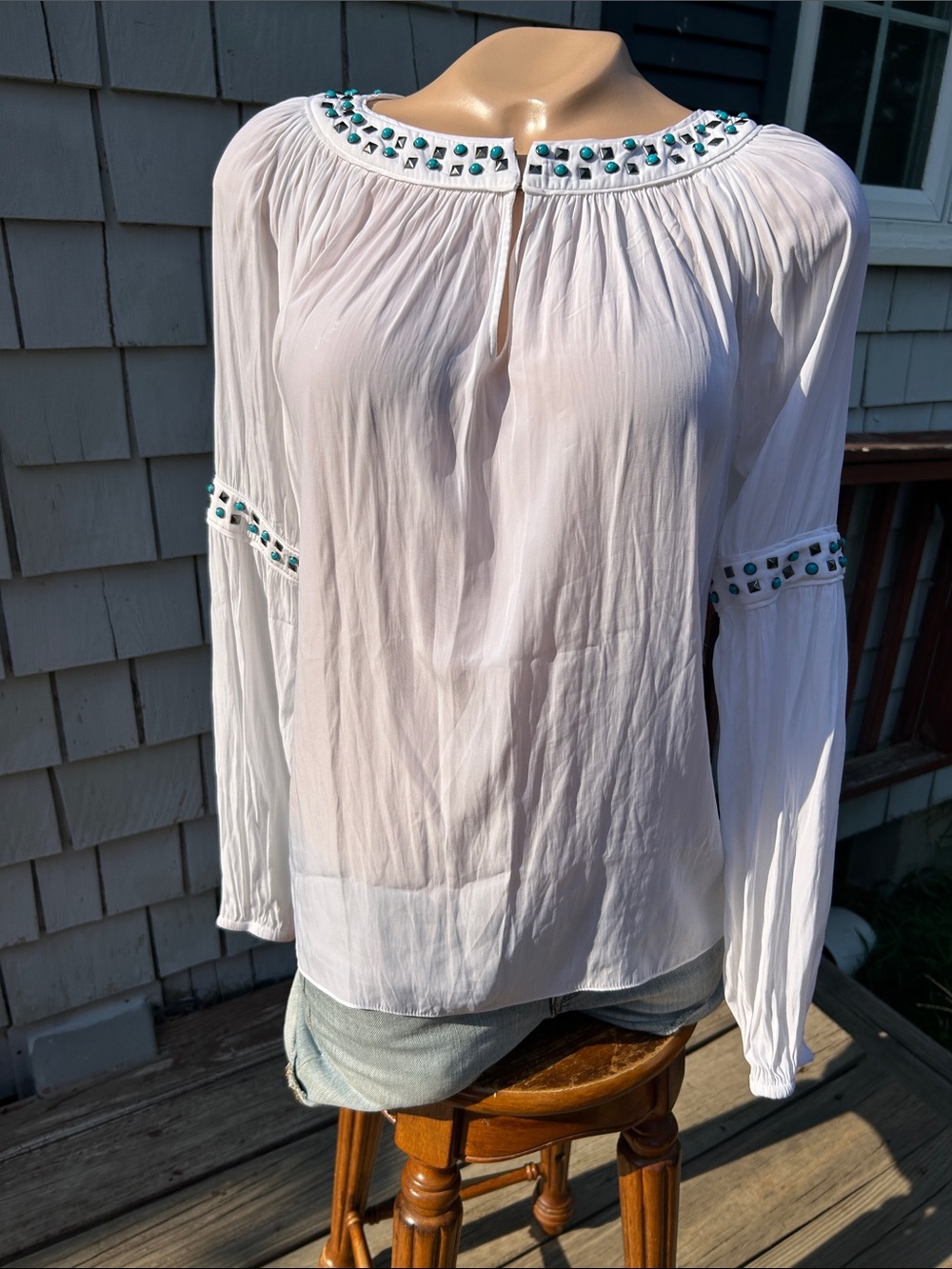 Ramy Brook NY White Beaded Boho Peasant Blouse- Wyatt- XS